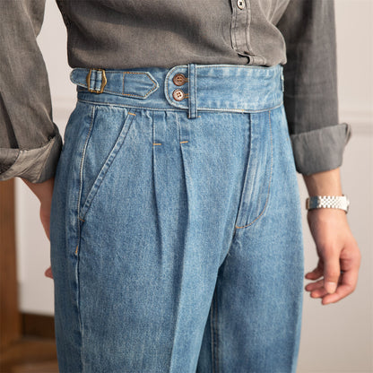 Vintage Pleated Straight Denim Trousers Lorenzo