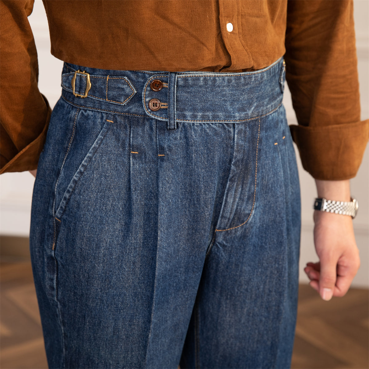 Vintage Pleated Straight Denim Trousers Lorenzo