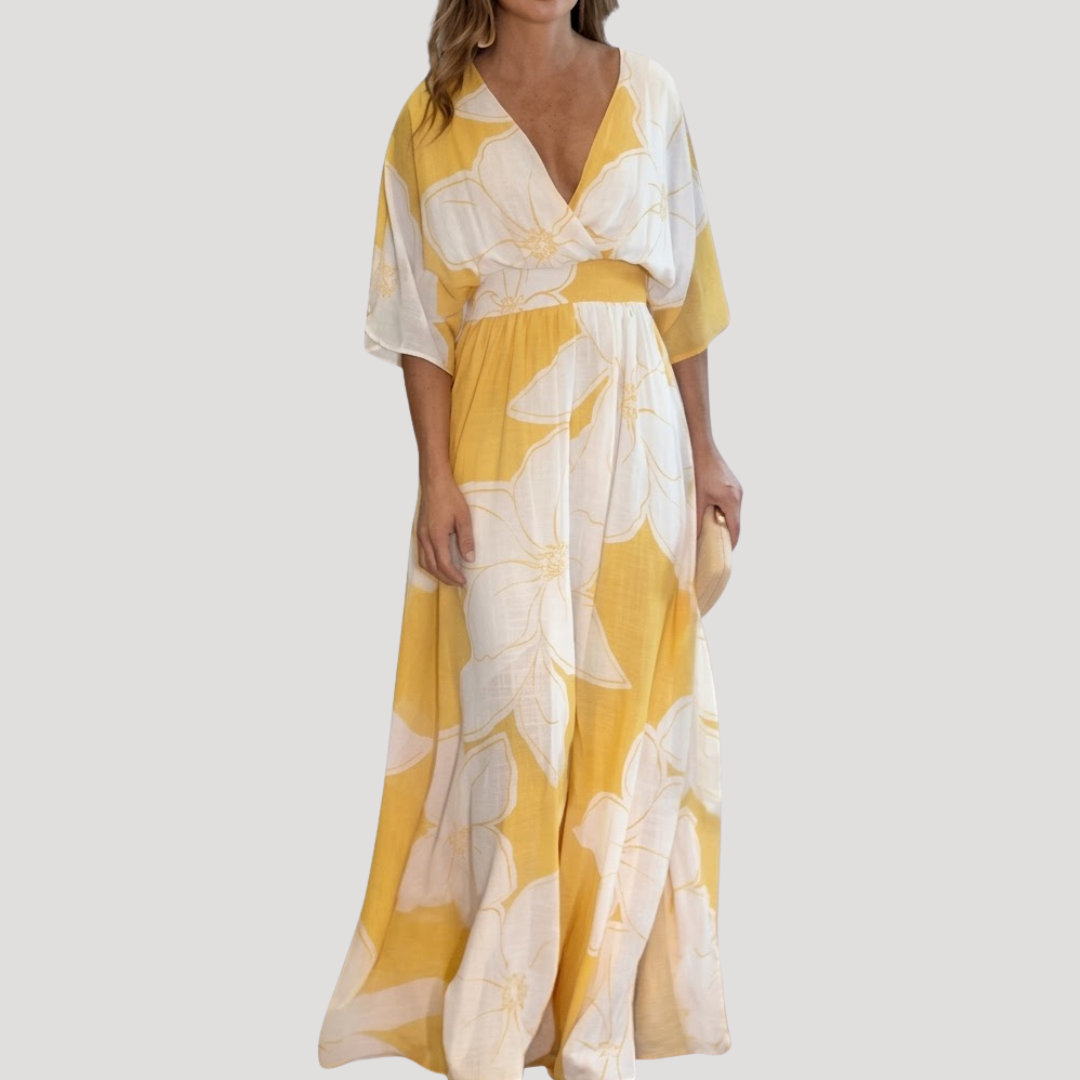 Women’s Elegant Yellow Floral Summer Maxi Dress