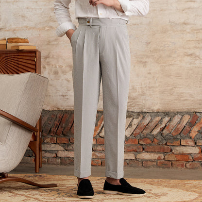 Double pleated straight seersucker trousers Cannes
