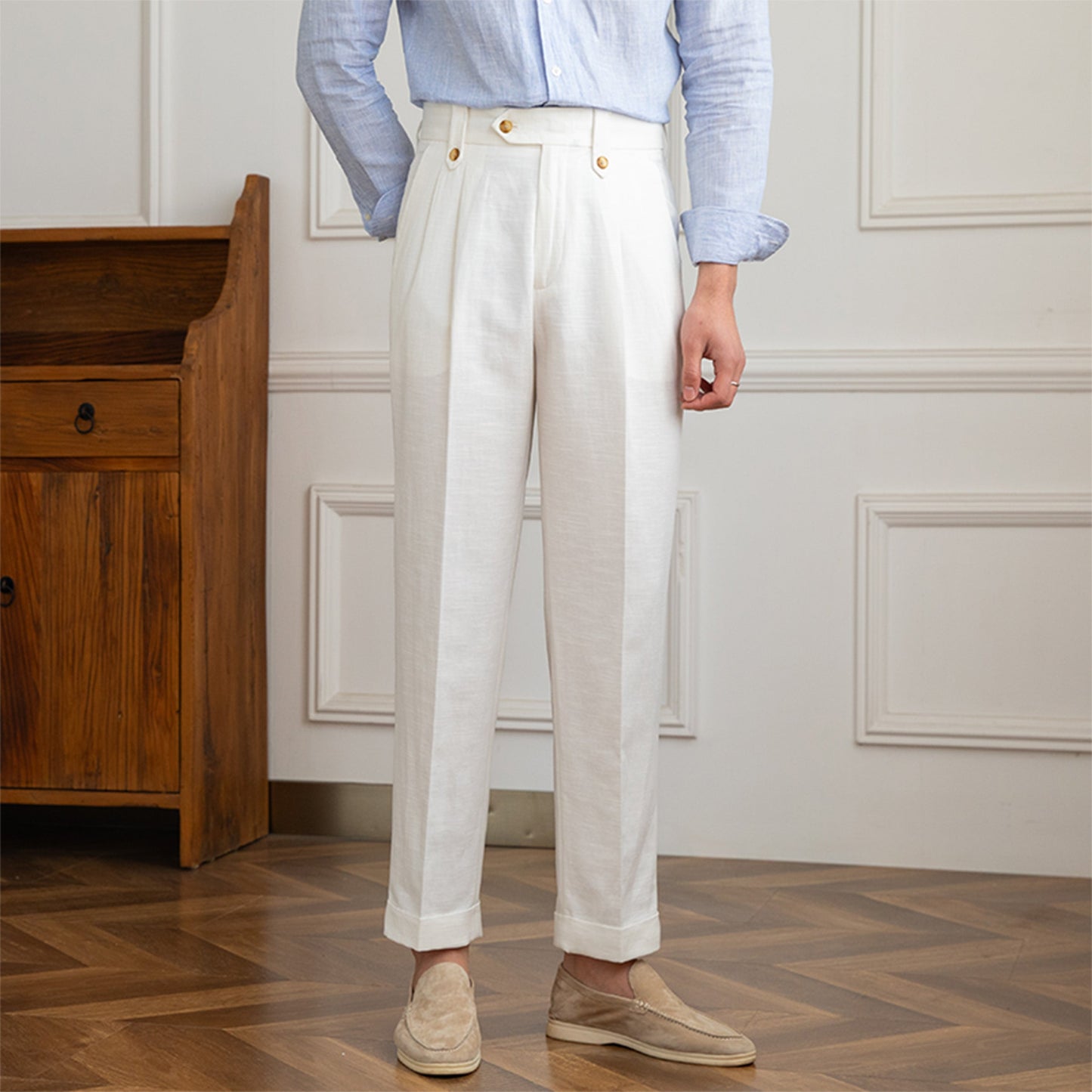 Straight Trousers with Double Pleat in Linen Blend
