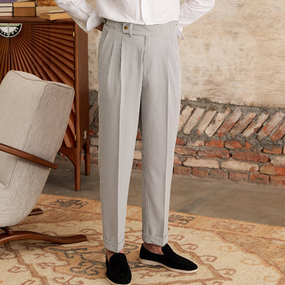 Double pleated straight seersucker trousers Cannes