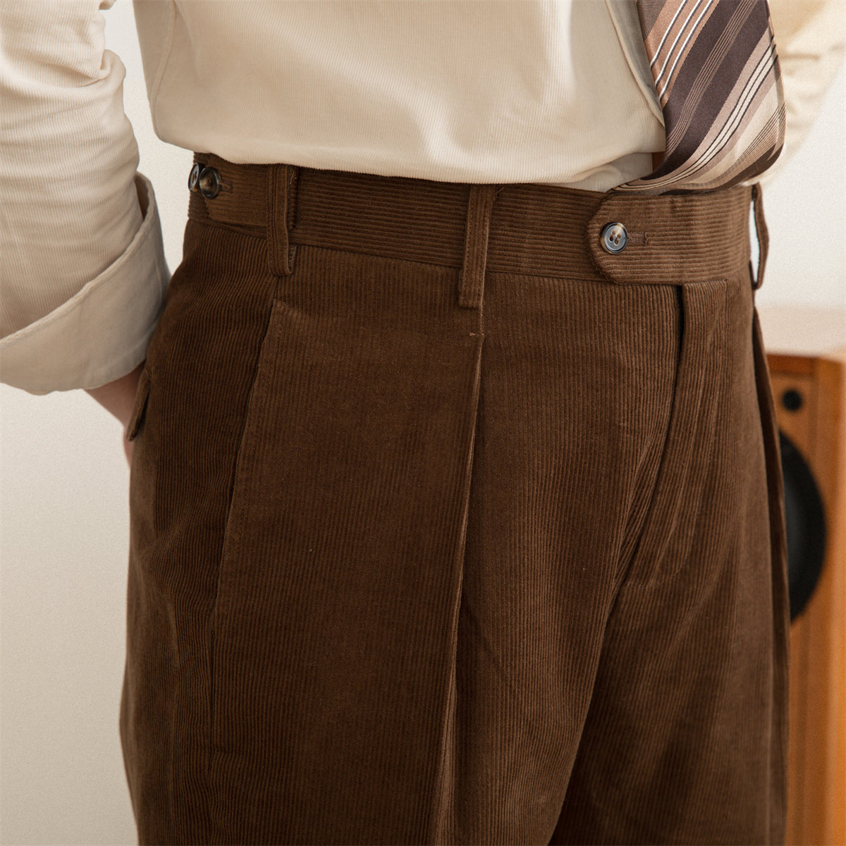 Aspen Cotton Corduroy Straight Pleated Trousers