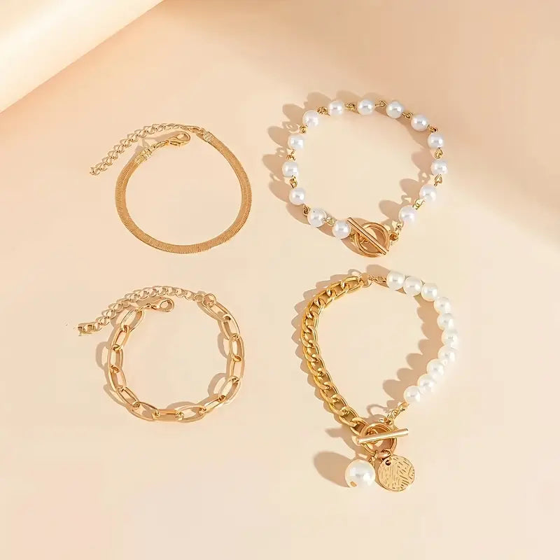 Chic 4-Piece Gold Bracelet Set – Snake, Pearls, and Links