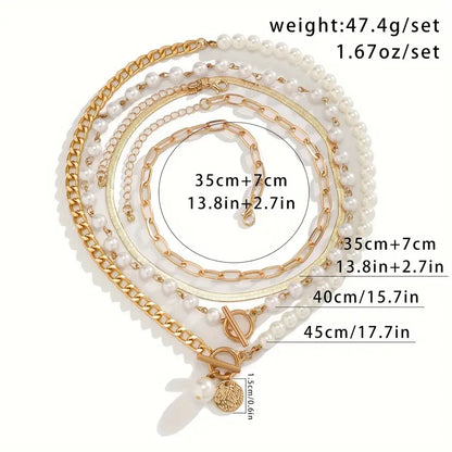 Vintage pearl and gold snake chain necklace set