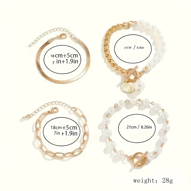Chic 4-Piece Gold Bracelet Set – Snake, Pearls, and Links