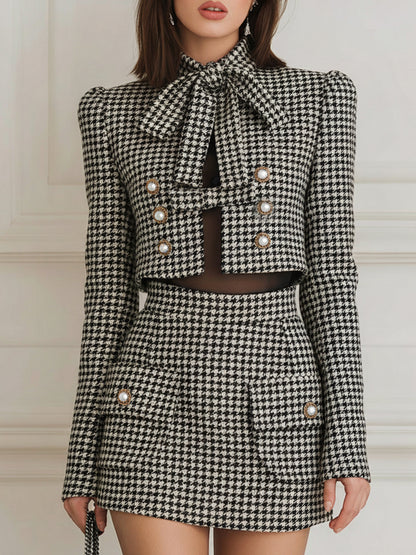 Saphira - Pocketed Blazer with Pearl Button Check Pattern