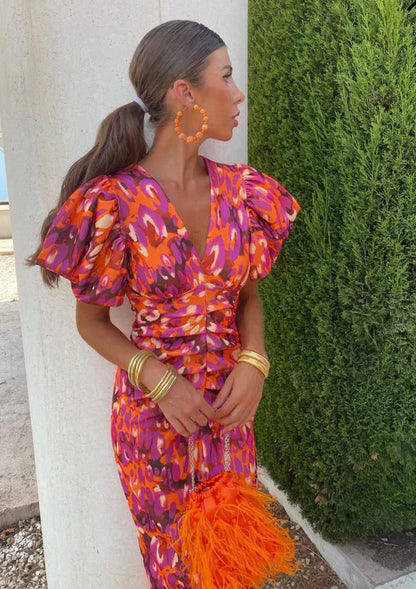 Arielle™ | Colourful Midi Dress for Women with Pleated Sleeves