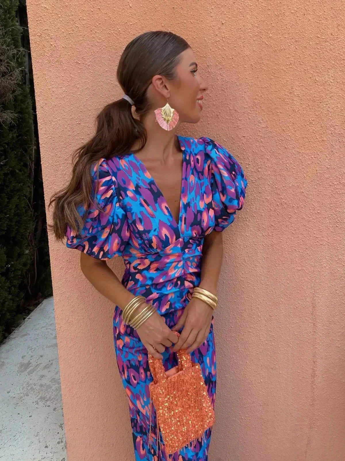 Arielle™ | Colourful Midi Dress for Women with Pleated Sleeves
