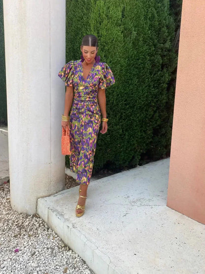 Arielle™ | Colourful Midi Dress for Women with Pleated Sleeves