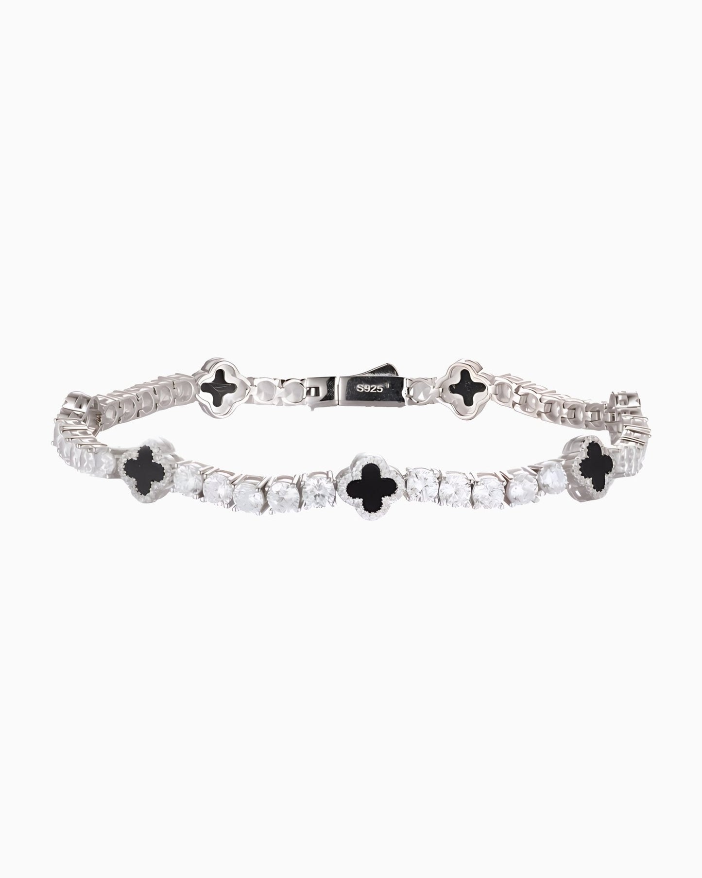 BLACK MOISSANITE TENNIS BRACELET WITH CLOVER.