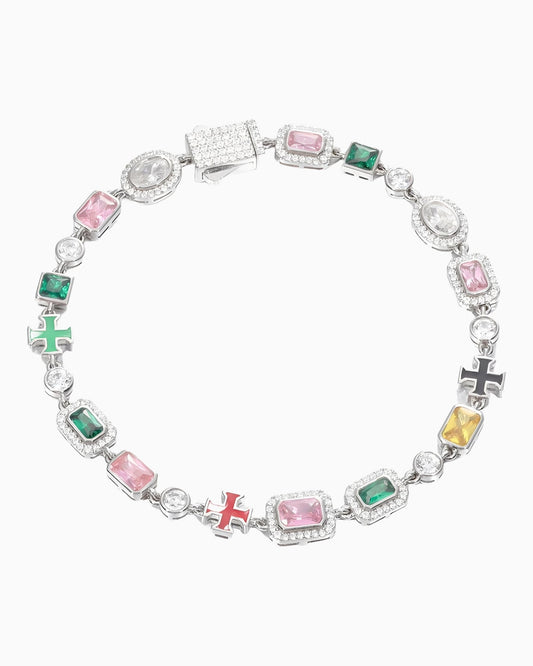 MOISSANITE & GEMS CROSS BRACELET.