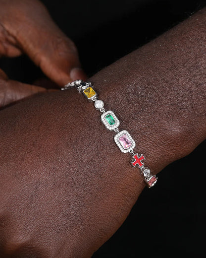 MOISSANITE & GEMS CROSS BRACELET.