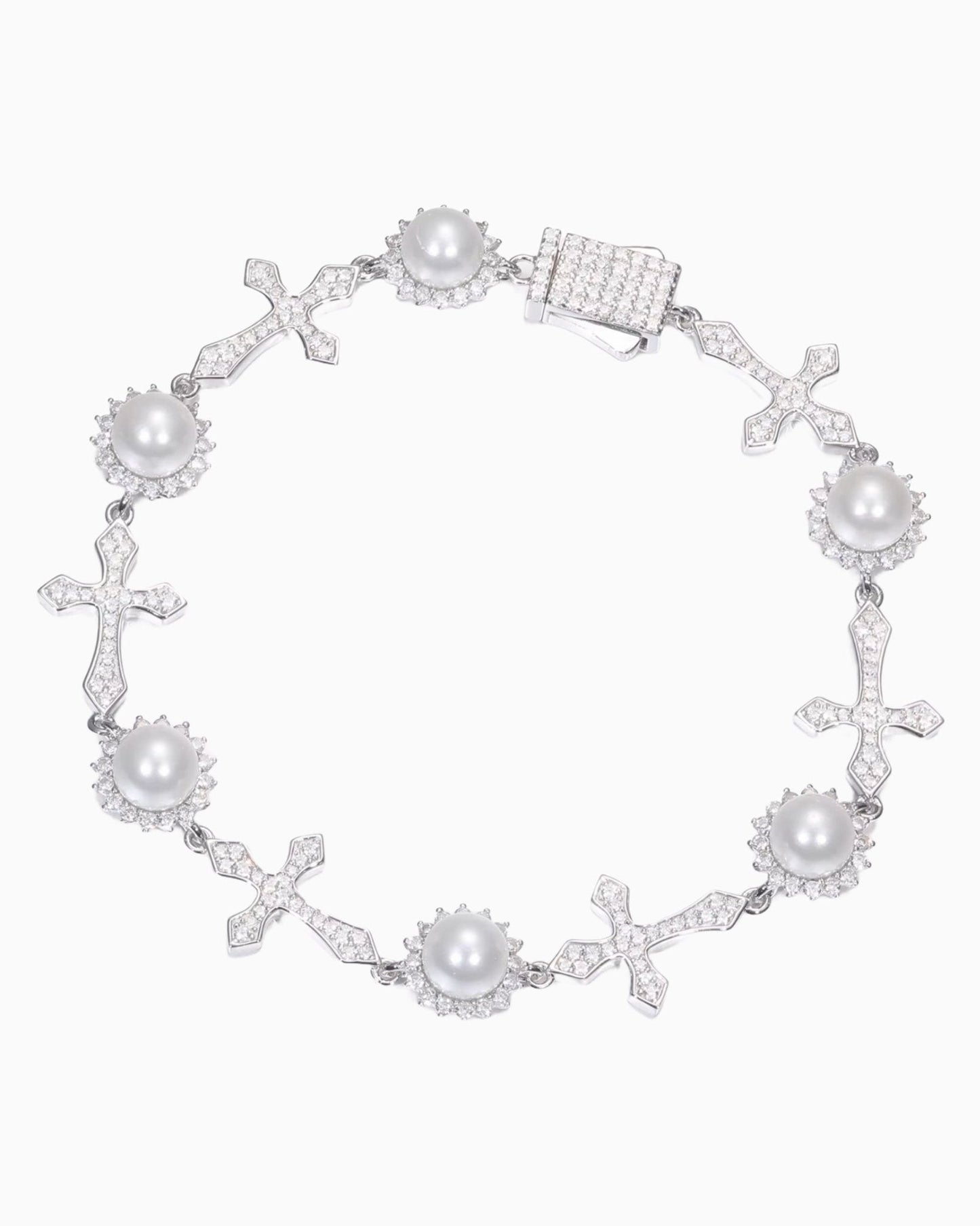 CROSS AND BEAD BRACELET IN GLACÉE MOISSANITE.