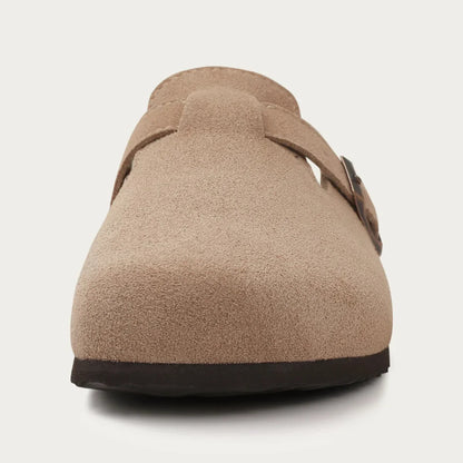 Men's Beige Suede Mules with Cork Sole and Adjustable Buckle