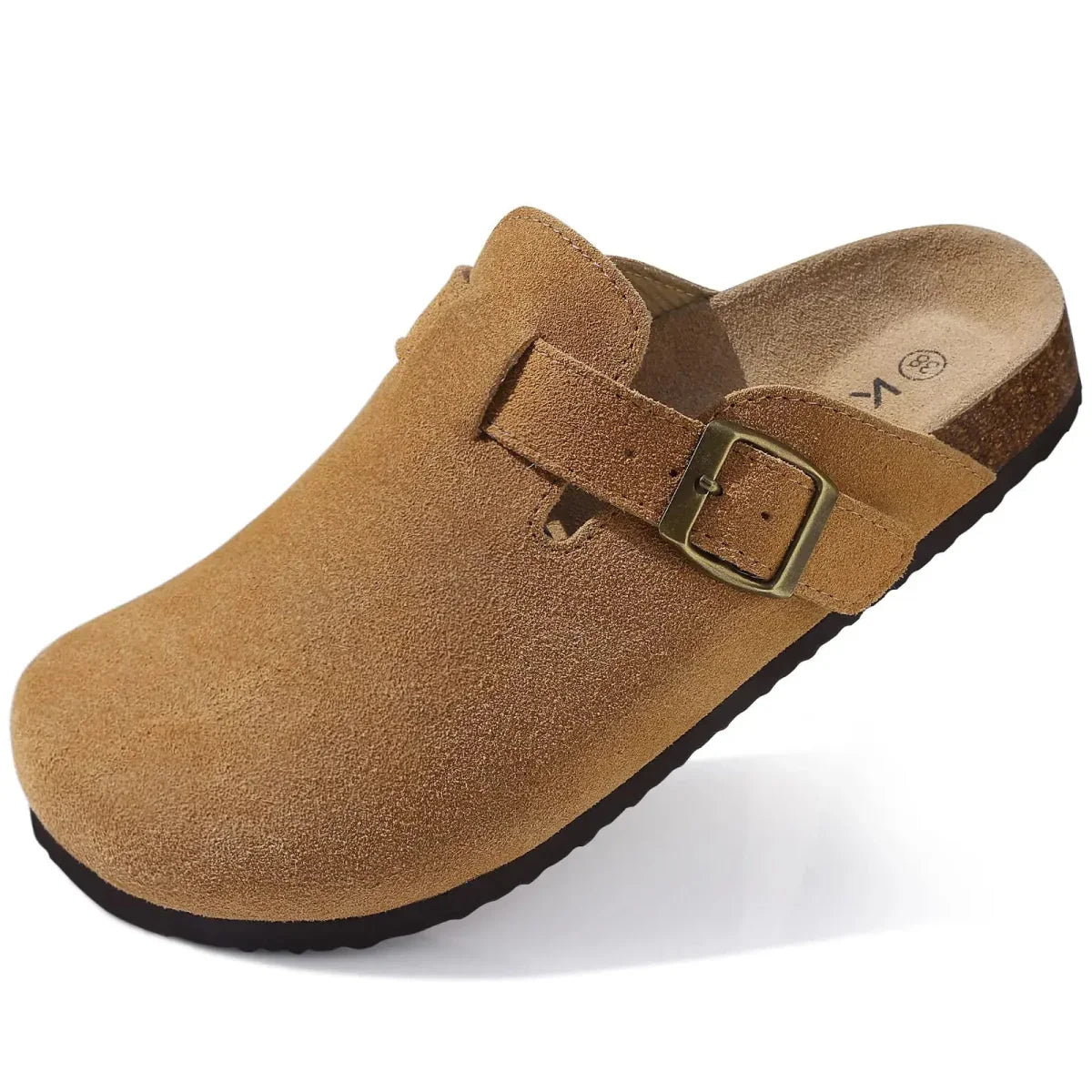 Men's Beige Suede Mules with Cork Sole and Adjustable Buckle