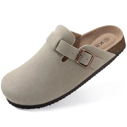 Men's Beige Suede Mules with Cork Sole and Adjustable Buckle