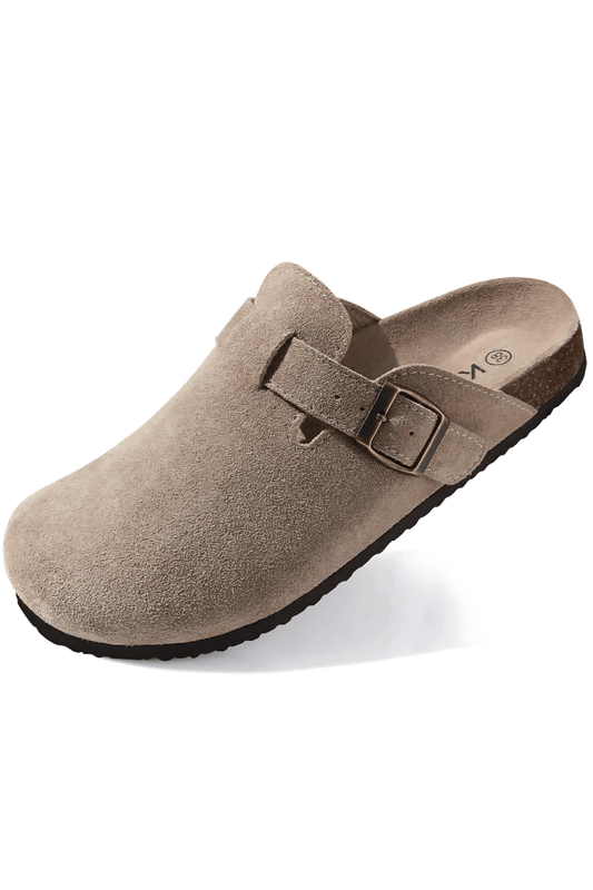 Men's Beige Suede Mules with Cork Sole and Adjustable Buckle