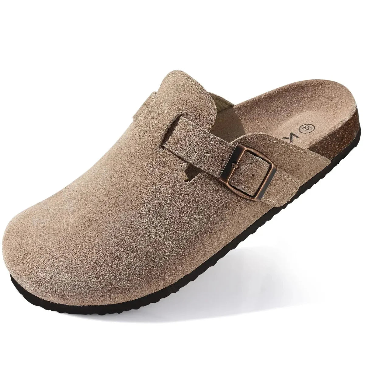 Men's Beige Suede Mules with Cork Sole and Adjustable Buckle