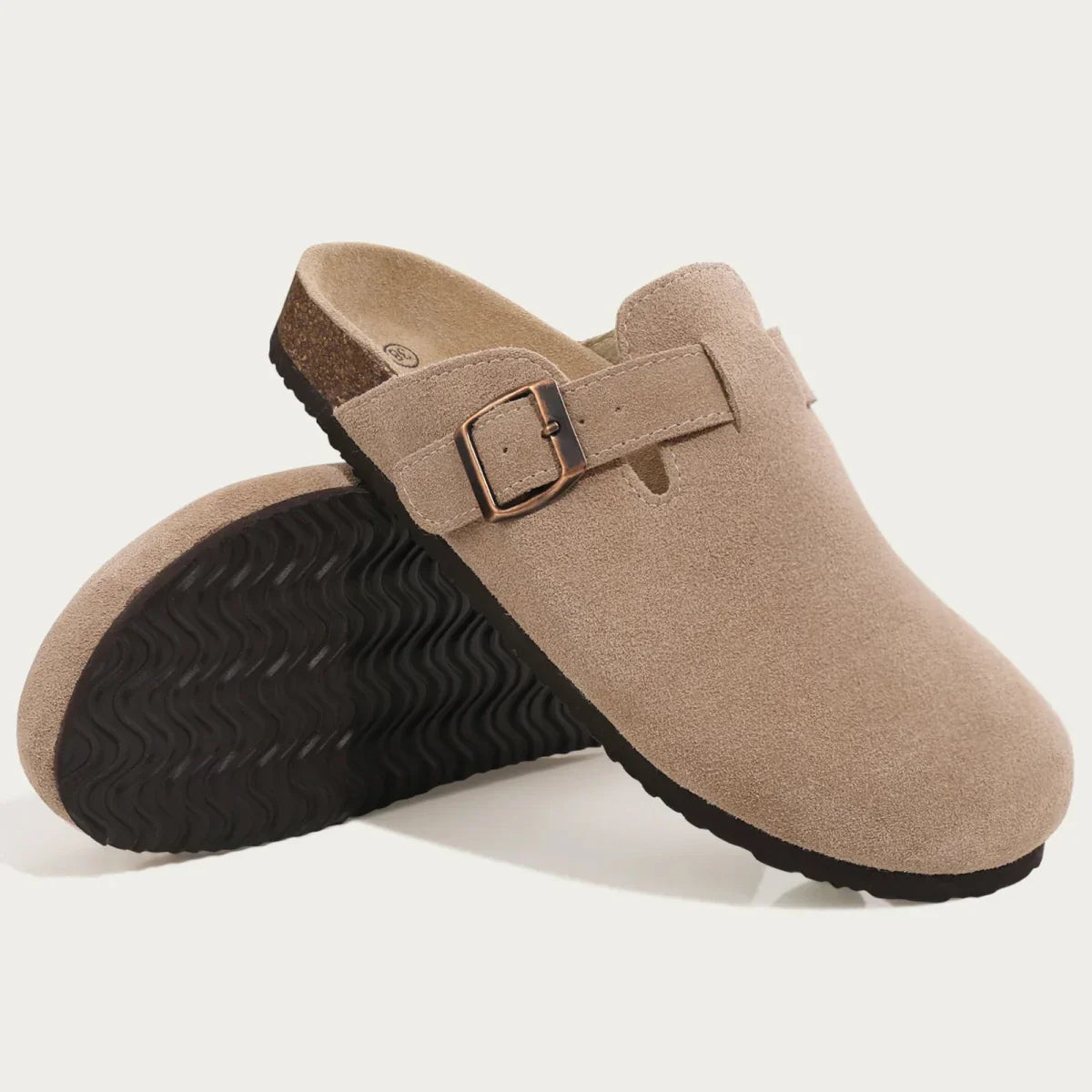 Men's Beige Suede Mules with Cork Sole and Adjustable Buckle