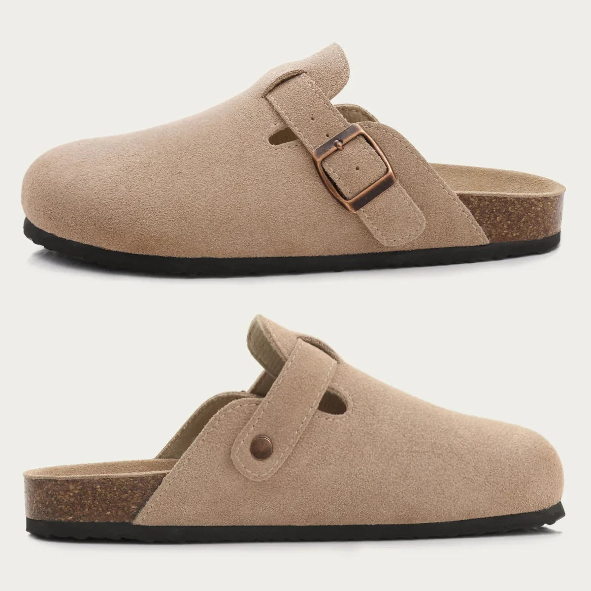 Men's Beige Suede Mules with Cork Sole and Adjustable Buckle