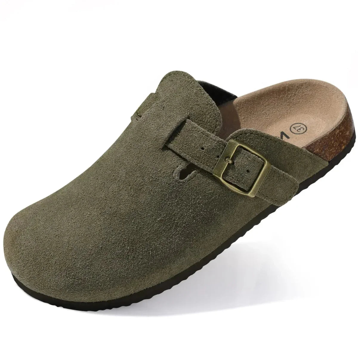 Men's Beige Suede Mules with Cork Sole and Adjustable Buckle