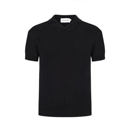 Black Ribbed Knit Polo for Men from the 60s – Minimalist Retro Shirt