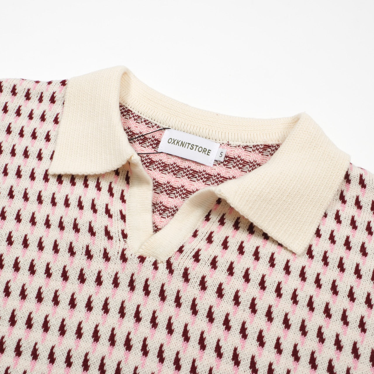 Cream Knitted Polo for Men from the 60s – Burgundy Micro Pattern Retro Style