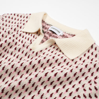 Cream Knitted Polo for Men from the 60s – Burgundy Micro Pattern Retro Style
