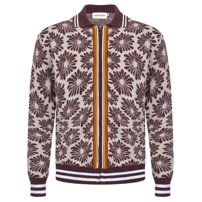 70s Floral Knit Jacket for Men – Burgundy and Beige