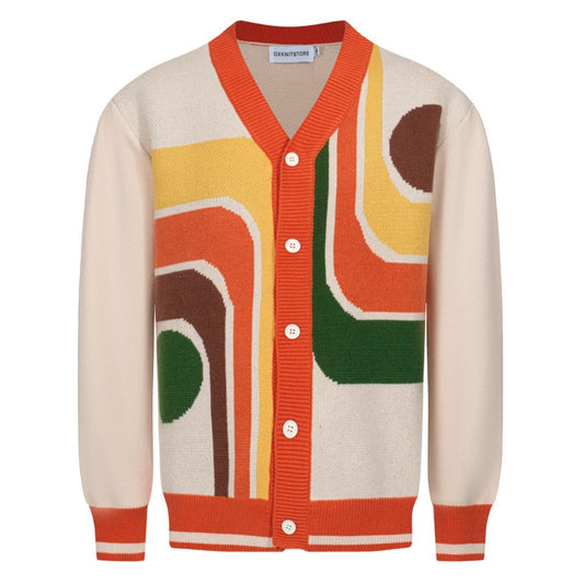 Retro 1970s Knitted Cardigan for Men – Vintage Cream with Multicoloured Geometric Print