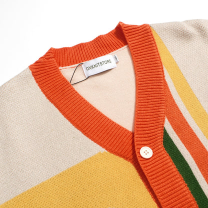 Retro 1970s Knitted Cardigan for Men – Vintage Cream with Multicoloured Geometric Print