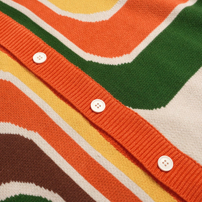 Retro 1970s Knitted Cardigan for Men – Vintage Cream with Multicoloured Geometric Print