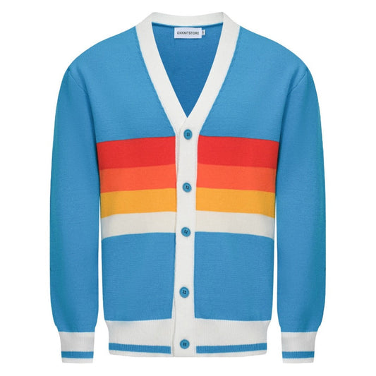 Vintage Rainbow Striped Cardigan for Men – Retro Knitted V-Neck in Sky Blue