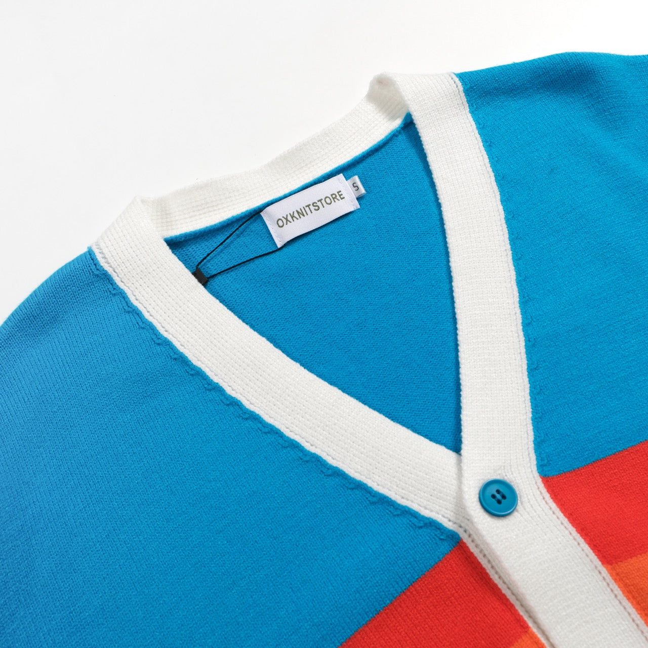 Vintage Rainbow Striped Cardigan for Men – Retro Knitted V-Neck in Sky Blue