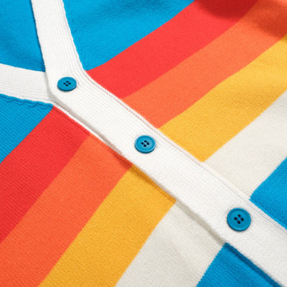 Vintage Rainbow Striped Cardigan for Men – Retro Knitted V-Neck in Sky Blue