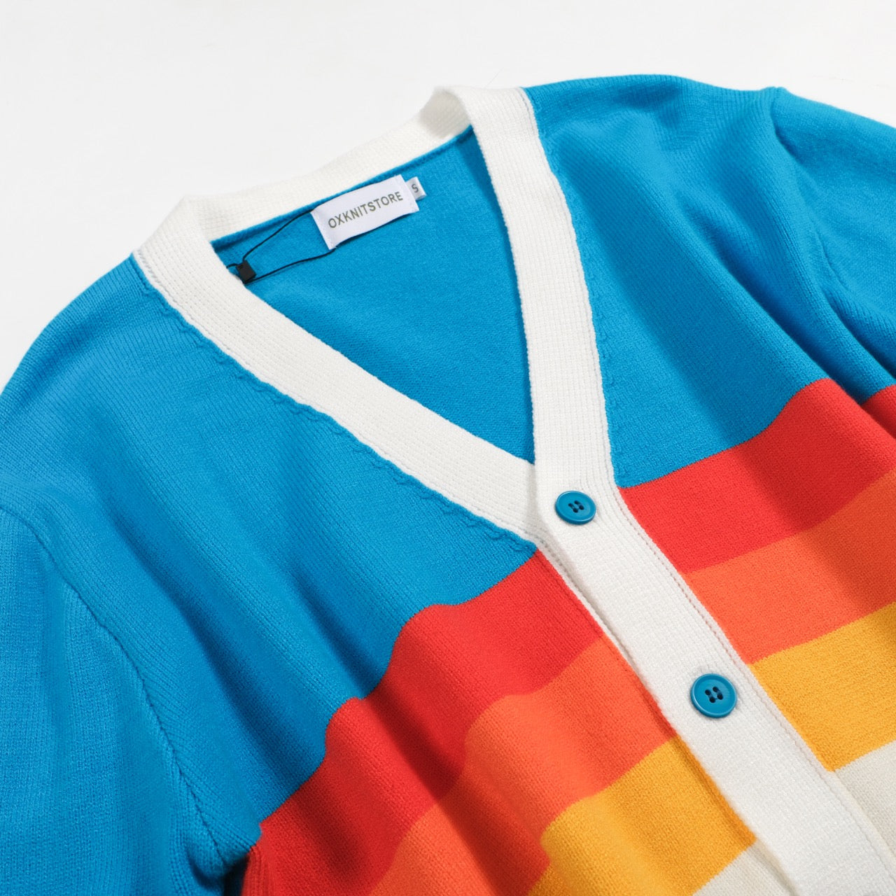 Vintage Rainbow Striped Cardigan for Men – Retro Knitted V-Neck in Sky Blue