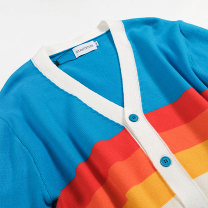 Vintage Rainbow Striped Cardigan for Men – Retro Knitted V-Neck in Sky Blue
