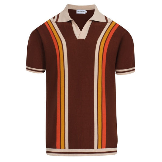 Retro Brown Knitted Polo for Men from the 70s – Striped V-Neck Sunset Colour