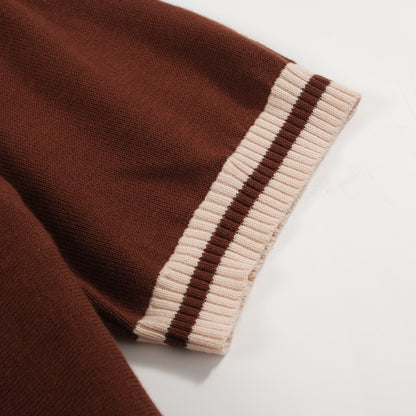 Retro Brown Knitted Polo for Men from the 70s – Striped V-Neck Sunset Colour