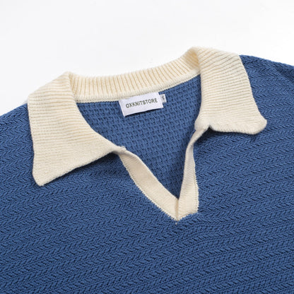 1970s Men's Knitted Polo – Retro Wide Collar Short Sleeve in Navy Blue