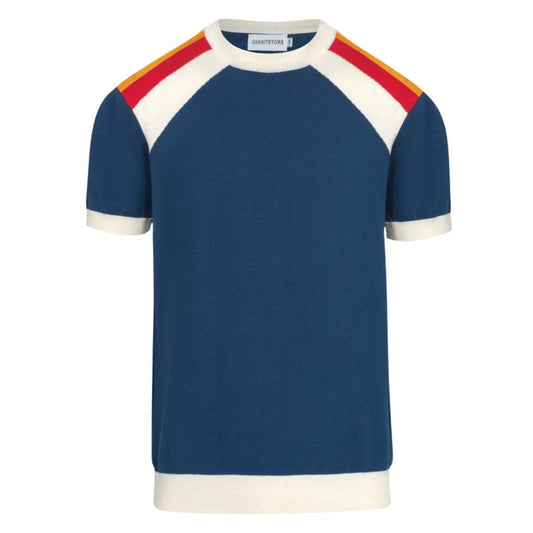 1970s Men's Colourblock Knit T-shirt – Blue Striped Round Neck