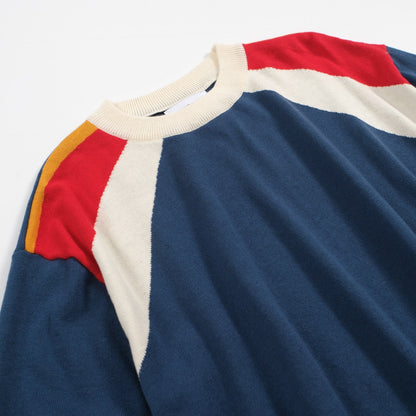 1970s Men's Colourblock Knit T-shirt – Blue Striped Round Neck