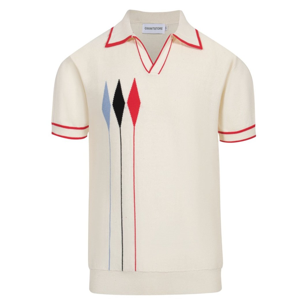 1970s Vintage Knit Polo for Men – Retro Cream with Red, Black & Blue Arrow Graphic