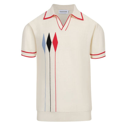 1970s Vintage Knit Polo for Men – Retro Cream with Red, Black & Blue Arrow Graphic