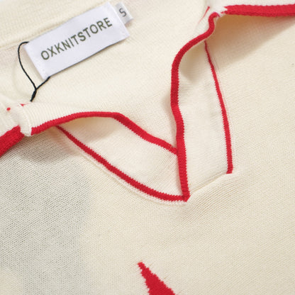 1970s Vintage Knit Polo for Men – Retro Cream with Red, Black & Blue Arrow Graphic