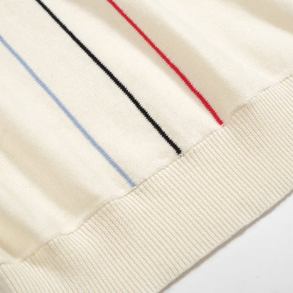 1970s Vintage Knit Polo for Men – Retro Cream with Red, Black & Blue Arrow Graphic