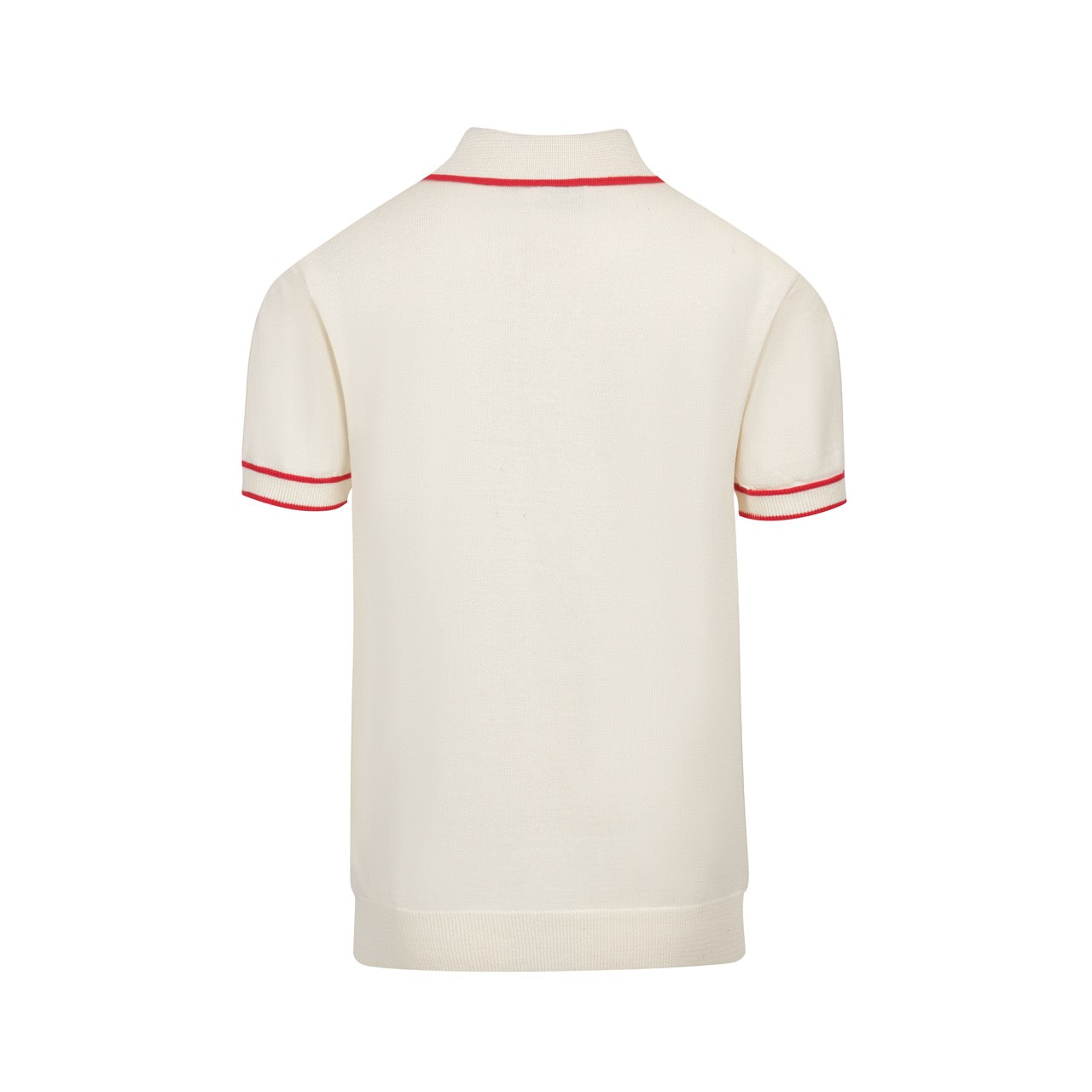 1970s Vintage Knit Polo for Men – Retro Cream with Red, Black & Blue Arrow Graphic