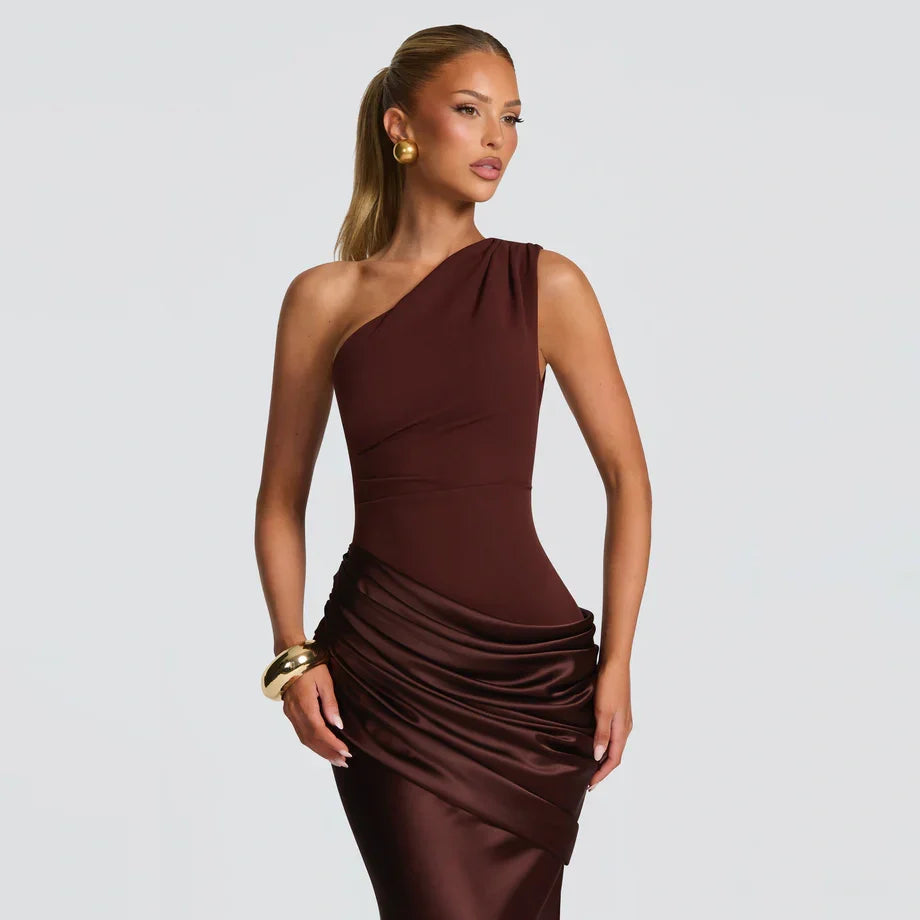 Women’s Elegant One Shoulder Ruched Evening Maxi Dress