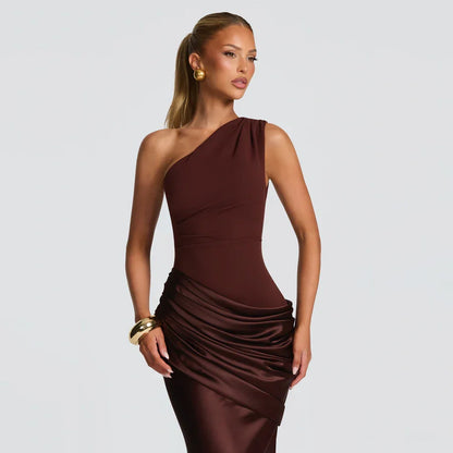 Women’s Elegant One Shoulder Ruched Evening Maxi Dress